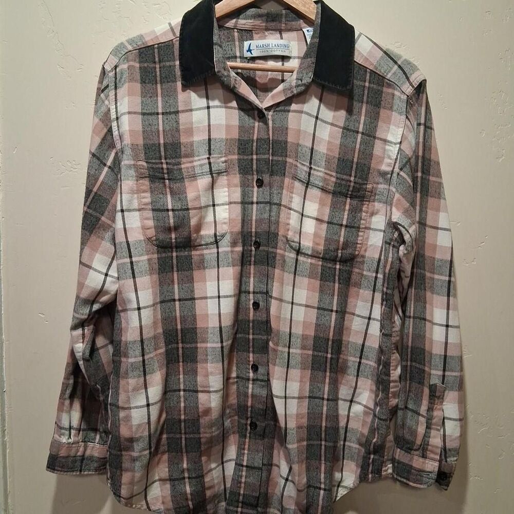 VTG Marsh Landing Women's Flannel Size L Shirt Velour Collar Pink Gray Plaid